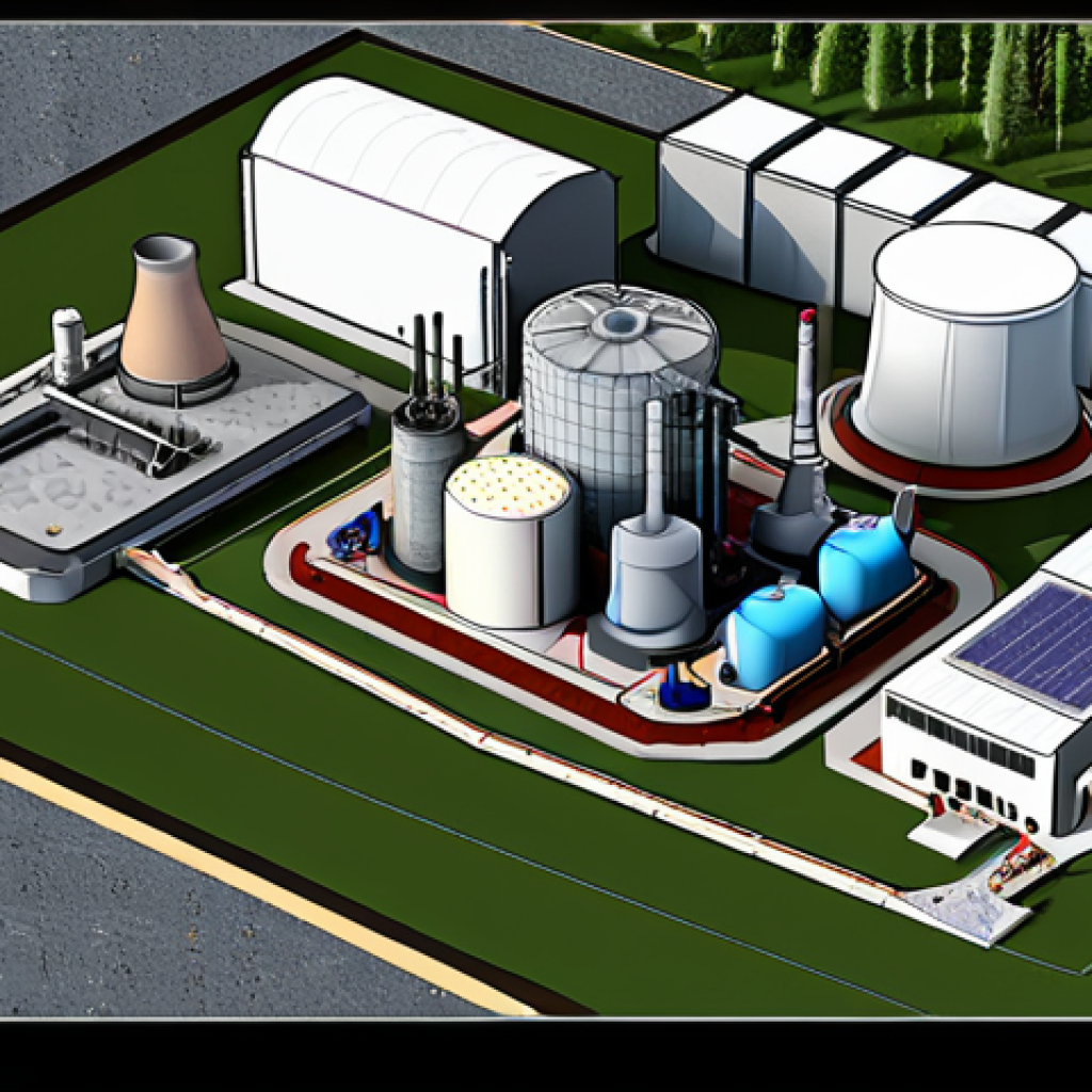 Nuclear Power Plant Design**

A detailed design schematic of a modern nuclear power plant, highlighting safety features and sustainable development aspects, with visible labels indicating key components like the reactor core, waste management systems, and carbon emission reduction technologies.

**