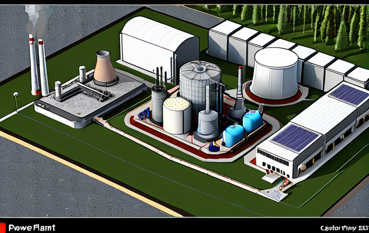 Nuclear Power Plant Design**
A detailed design schematic of a modern nuclear power plant, highlighting safety features and sustainable development aspects, with visible labels indicating key components like the reactor core, waste management systems, and carbon emission reduction technologies.
**