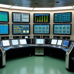 **

"Inside a nuclear power plant control room. Many screens displaying data, control panels with lights, serious operators monitoring reactor status. Advanced communication equipment. A sense of focused tension."

**