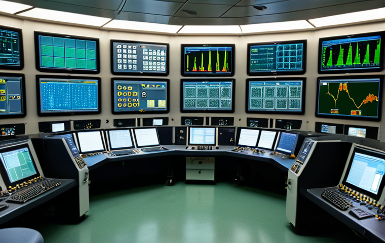 **
"Inside a nuclear power plant control room. Many screens displaying data, control panels with lights, serious operators monitoring reactor status. Advanced communication equipment. A sense of focused tension."
**